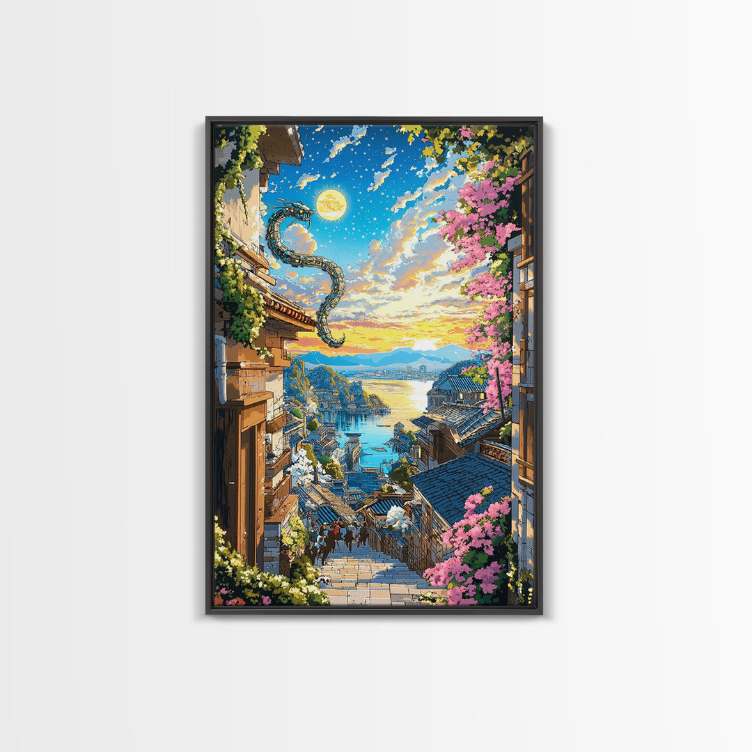 Dragon Over Sunlit Coastal Stairway Canvas Print, Japanese Village Wall Art, Cherry Blossom Decor, Fantasy Landscape Print