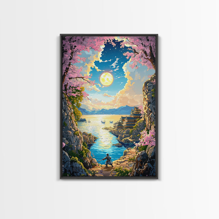 Moonlit Cherry Blossom Sea Cove Wall Art, Samurai Fantasy Landscape, Japanese Coastal Decor, Living Room Canvas Print, Home Decor
