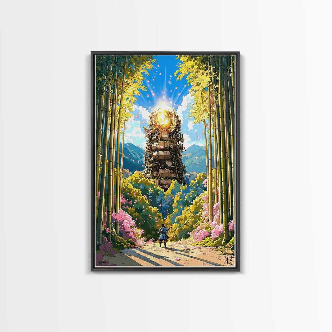 Glowing Samurai Tower In Bamboo Forest Wall Art, Japanese Fantasy Landscape, Asian Inspired Art Canvas Print, Living Room Decor