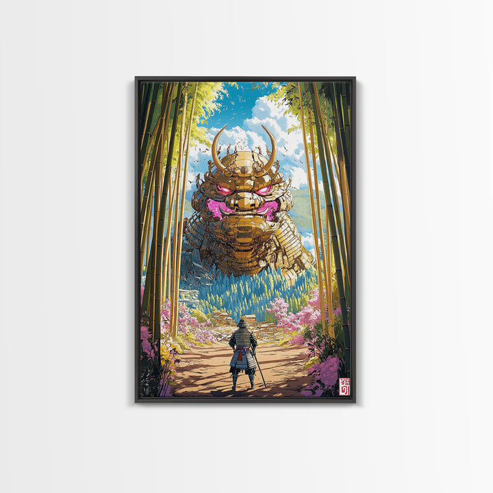 Giant Golden Samurai Mask In Bamboo Grove Framed Canvas Print, Japanese Warrior Wall Art, Fantasy Decor, Gift For Him, Office Decor