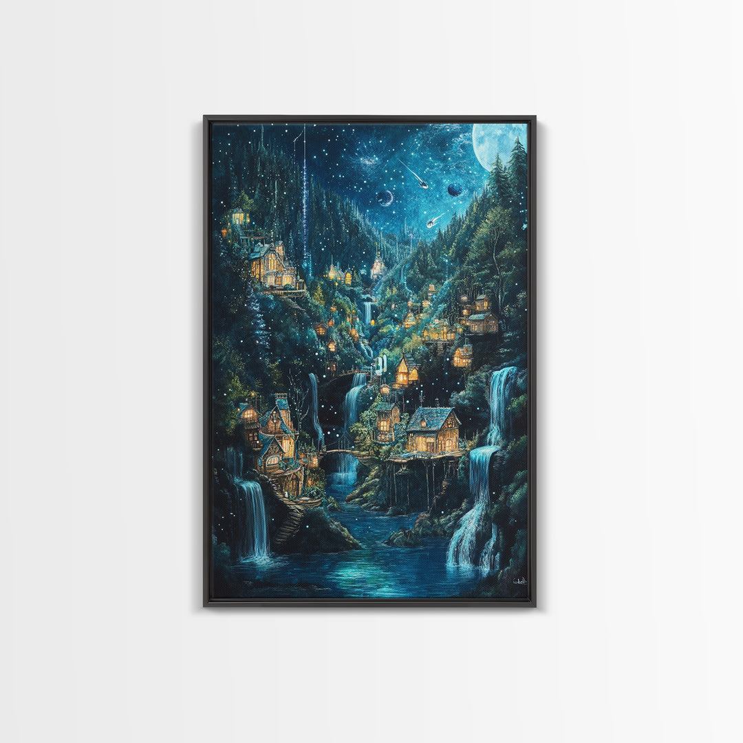 Starry Waterfall Village In Enchanted Forest Canvas Print, Fantasy Wall Art, Magical Cabin Decor, Cozy Living Room Decor