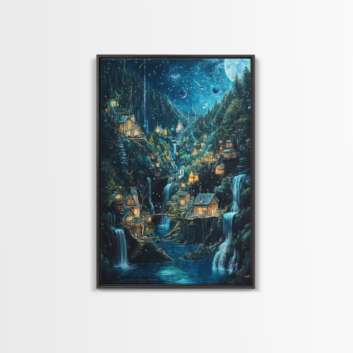 Starry Waterfall Village In Enchanted Forest Canvas Print, Fantasy Wall Art, Magical Cabin Decor, Cozy Living Room Decor