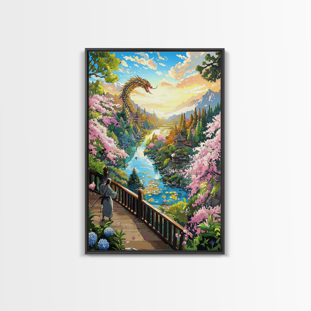 Golden Dragon Above Cherry Blossom Valley Wall Art, Japanese Fantasy Landscape, River Mountain Canvas Print, Zen Home Decor