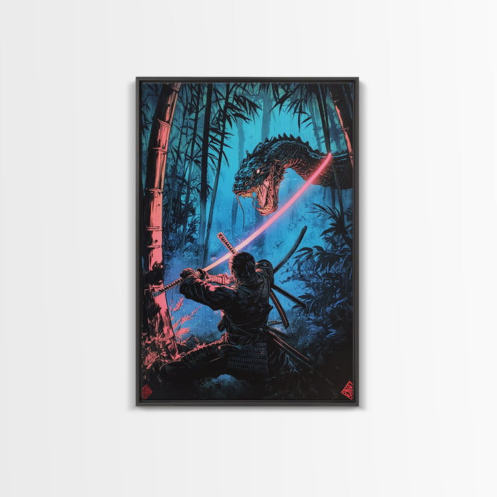 Neon Samurai Battling Serpent Dragon Wall Art, Cyberpunk Japanese Bamboo Forest, Dark Fantasy Framed Canvas Print, Office Decor