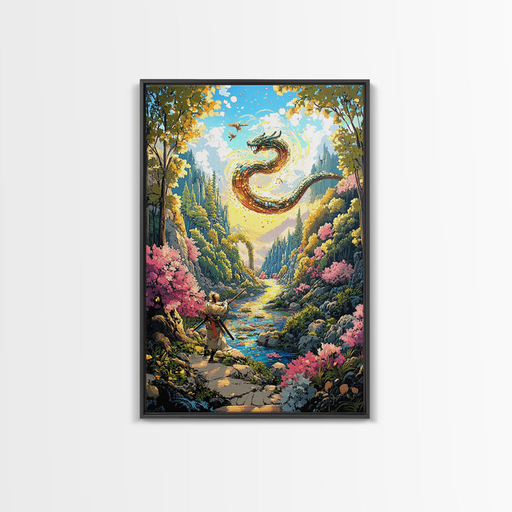 Warrior And Golden Dragon Mountain River Wall Art, Japanese Fantasy Canvas Print, Samurai Decor, Cherry Blossom Landscape