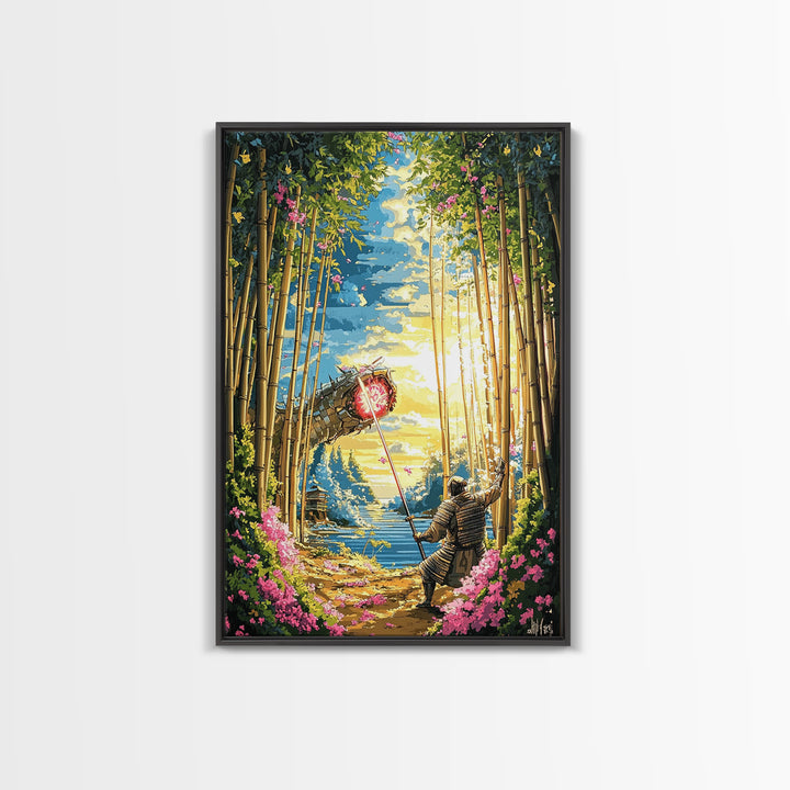 Samurai Banner In Bamboo Forest Wall Art, Japanese Warrior Canvas Print, Cherry Blossom Decor, Fantasy Landscape Poster Art