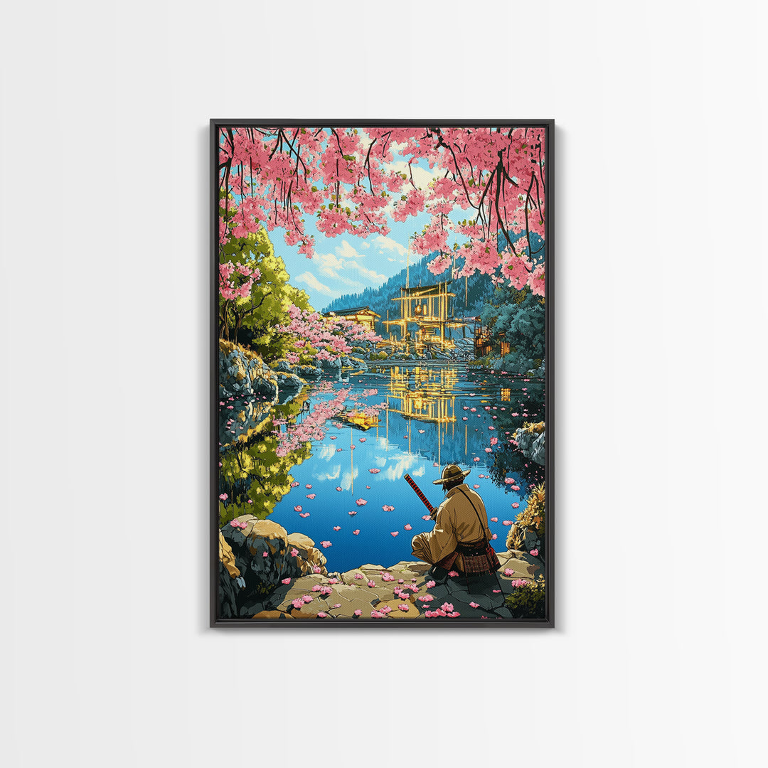 Seated Samurai At Cherry Blossom Lake Wall Art, Japanese Garden Canvas Print, Torii Reflection Decor, Peaceful Landscape