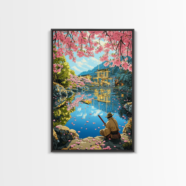 Seated Samurai At Cherry Blossom Lake Wall Art, Japanese Garden Canvas Print, Torii Reflection Decor, Peaceful Landscape