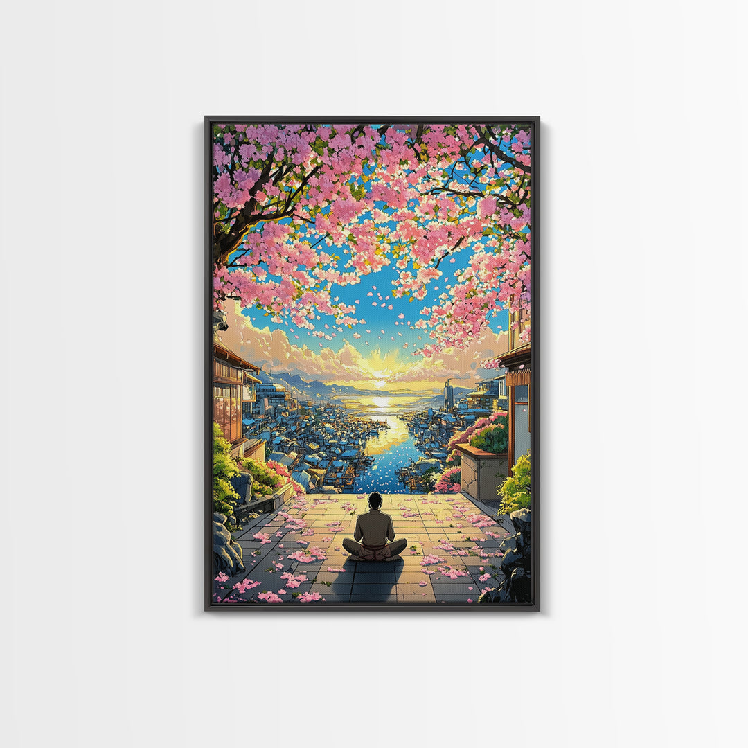 Meditation Over Cherry Blossom Harbor Wall Art, Japanese Coastal Canvas Print, Sakura Cityscape Decor, Peaceful Sunset Art