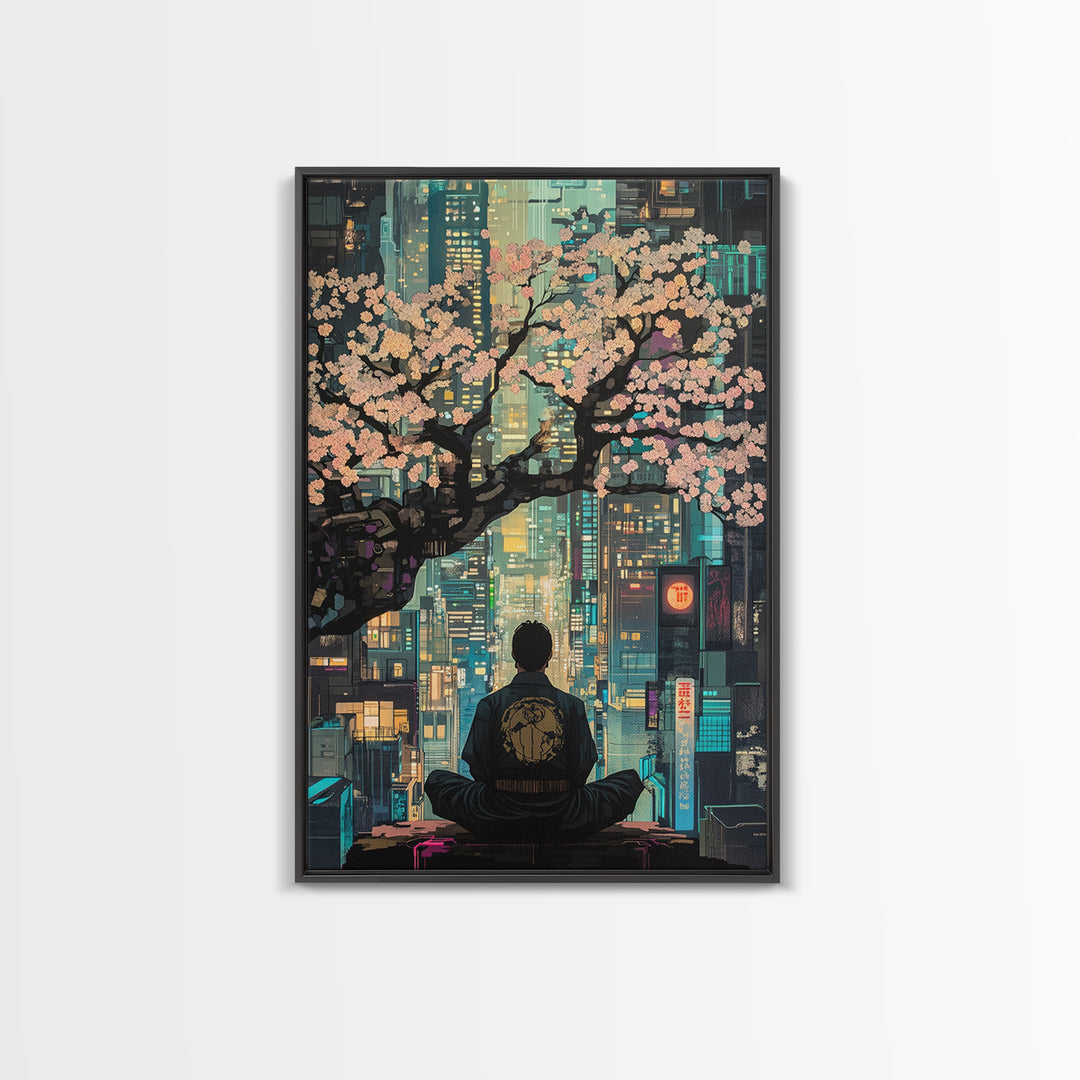 Cherry Blossoms Over Neon City Framed Canvas Print, Cyberpunk Japanese Wall Decor, Urban Zen Meditation Living Room Art Gift