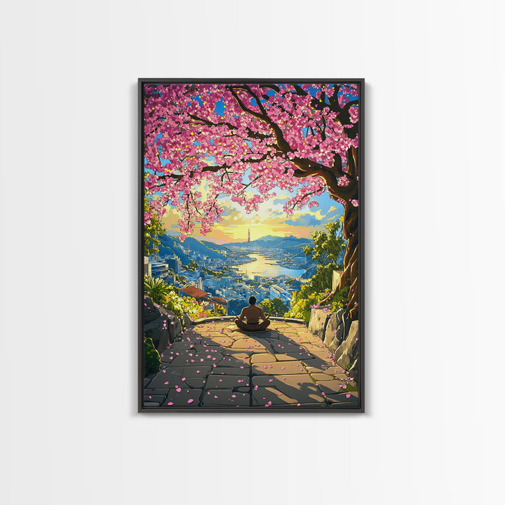 Sunset Cherry Blossom Bay Wall Art, Japanese Landscape Painting, Zen Meditation Decor, Colorful Coastal Living Room Print
