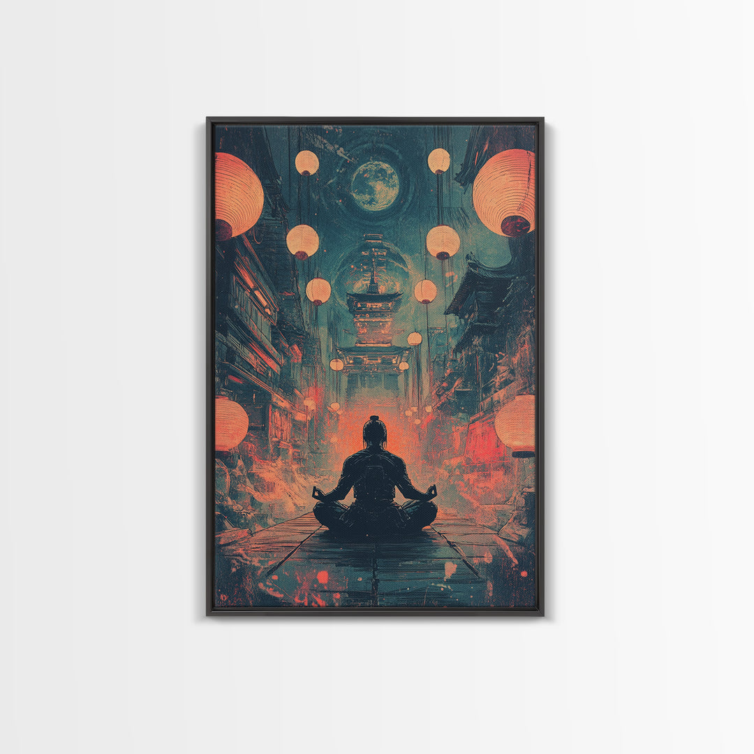 Moonlit Red Lantern Meditation Wall Art, Dark Japanese Fantasy Decor, Moody Zen Canvas Wall Art, Spiritual Room Print, Gift For Him