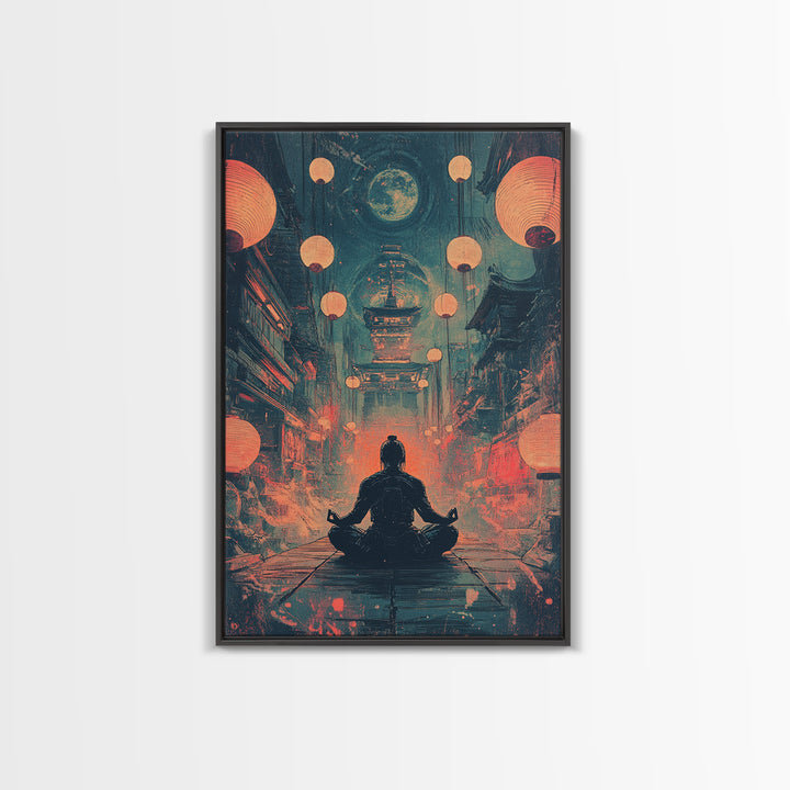 Moonlit Red Lantern Meditation Wall Art, Dark Japanese Fantasy Decor, Moody Zen Canvas Wall Art, Spiritual Room Print, Gift For Him