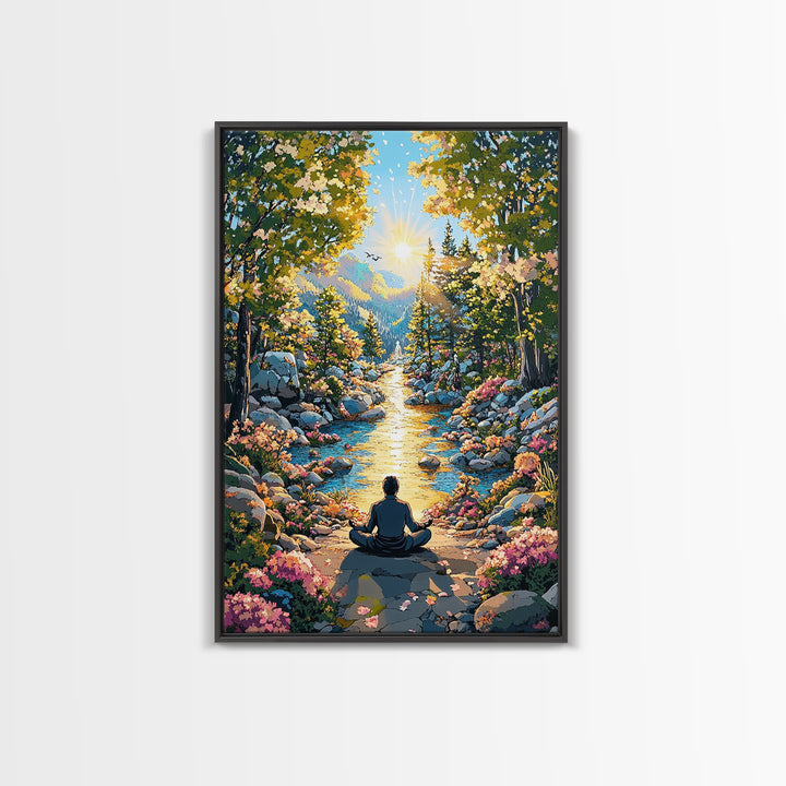 Golden Mountain River Meditation Canvas Print, Sunlit Nature Wall Art, Peaceful Zen Decor, Calming Living Room Art, Housewarming Gift