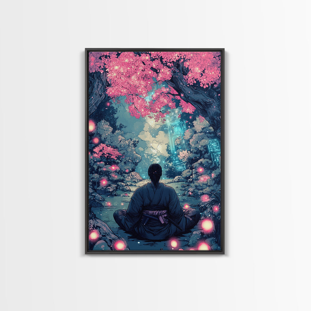 Mystical Samurai Under Pink Blossom Trees Wall Art, Japanese Fantasy Decor, Cyberpunk Zen Print, Moody Bedroom Wall Decor