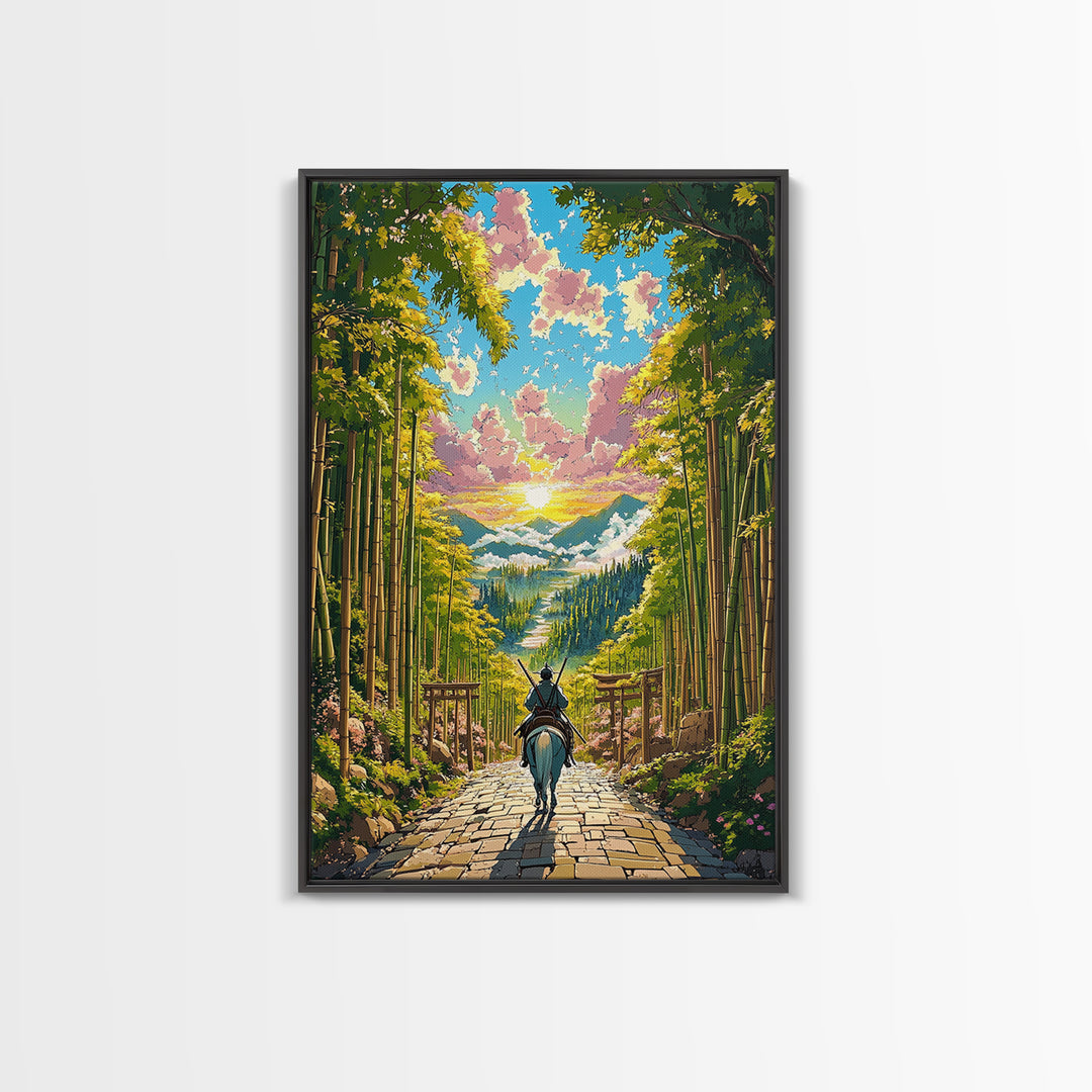 Samurai Rider On Bamboo Path At Sunset Framed Canvas Print, Japanese Landscape Wall Art, Zen Nature Home Decor, Gift For Her