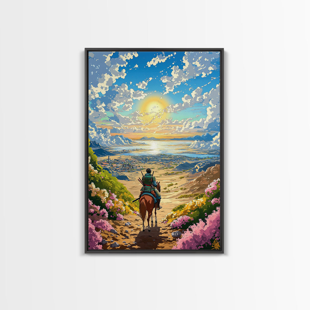 Samurai Rider Above Sunlit Ocean Valley Canvas Print, Japanese Landscape Wall Art, Coastal Mountain Decor, Colorful Print