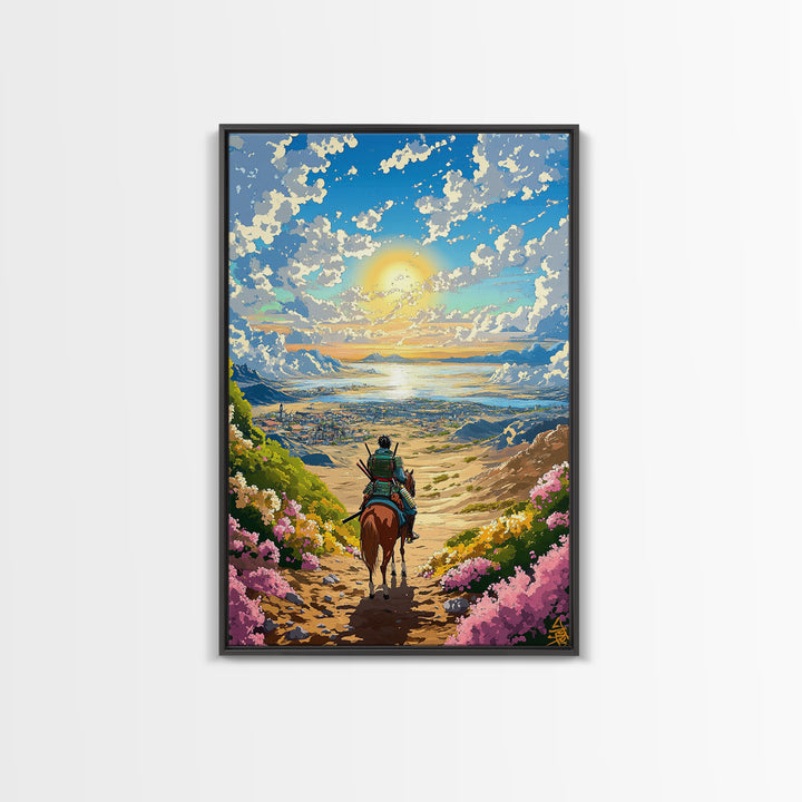 Samurai Rider Above Sunlit Ocean Valley Canvas Print, Japanese Landscape Wall Art, Coastal Mountain Decor, Colorful Print