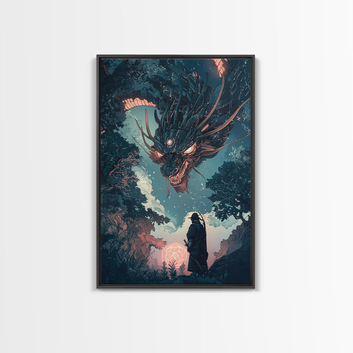 Dark Mechanical Dragon And Samurai Wall Art, Japanese Fantasy Poster, Cyberpunk Decor, Moody Sci Fi Living Room Art Print
