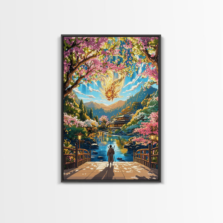 Glowing Dragon Above Cherry Blossom River Framed Canvas Print, Japanese Garden Wall Art, Colorful Fantasy Home Decor Print