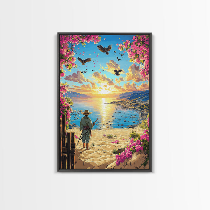 Samurai On Sunny Flower Framed Beach Canvas Print, Coastal Wall Art, Tropical Sunset Poster, Beach House Living Room Decor