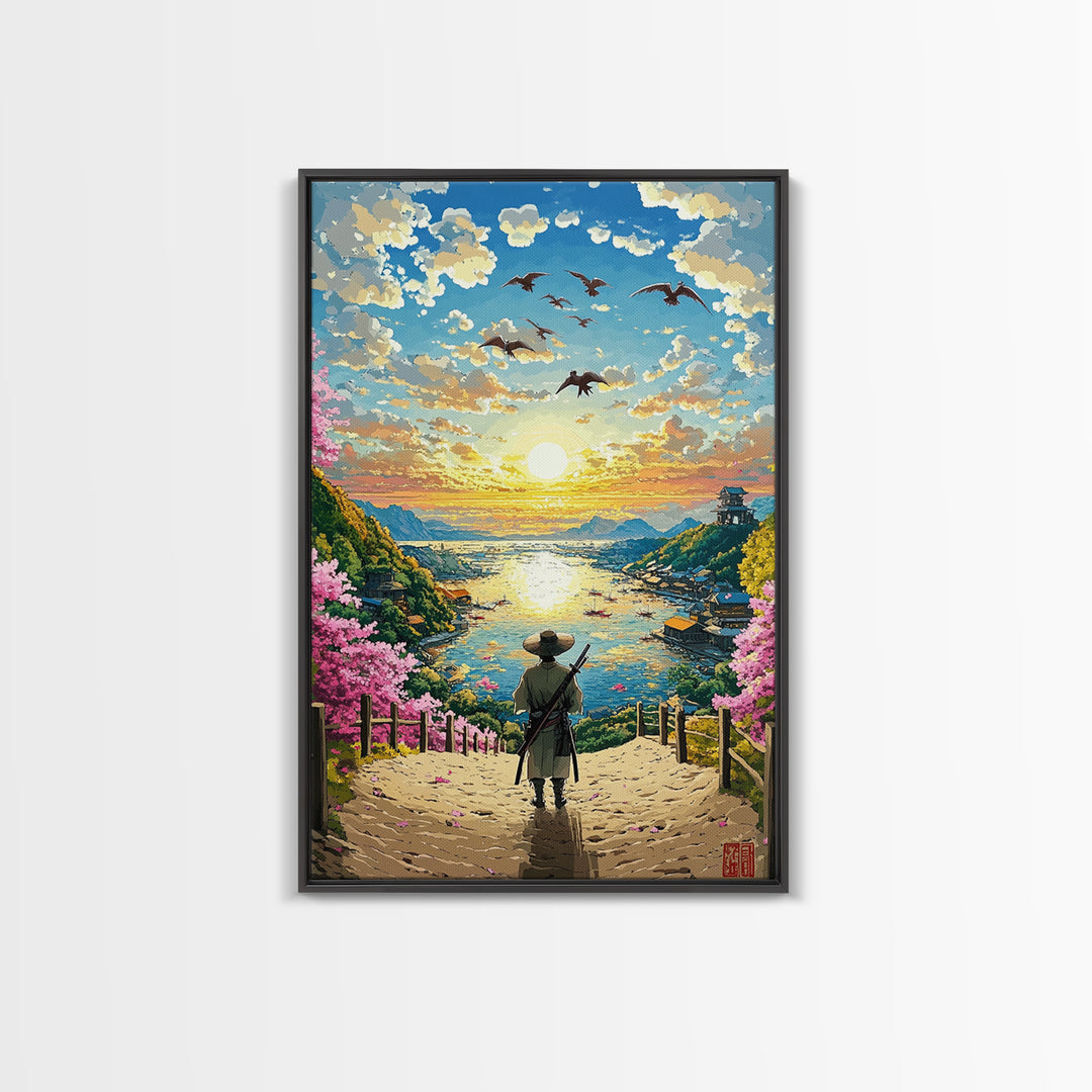 Samurai Overlooking Golden Coastal Village Wall Art, Japanese Seascape Print, Cherry Blossom Decor, Serene Living Room Art