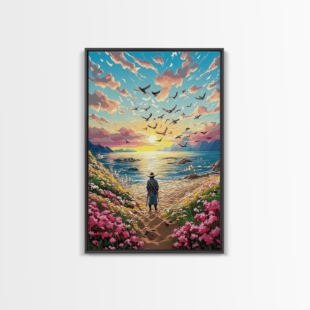 Lone Traveler On Wildflower Seaside Path Canvas Print, Coastal Sunset Wall Art, Ocean Landscape Decor, Beach House Print