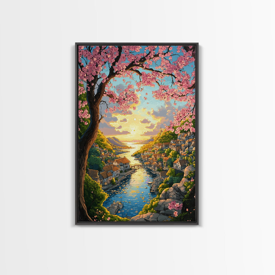 Cherry Blossom River Village Wall Art, Coastal Sunset Canvas Print, Japanese Landscape Art Print For Living Room Decor Gift