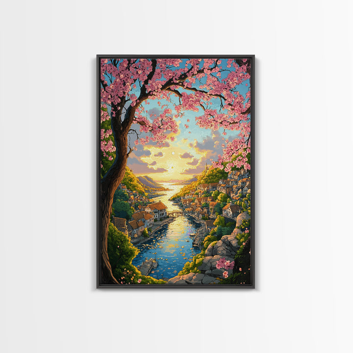 Cherry Blossom River Village Wall Art, Coastal Sunset Canvas Print, Japanese Landscape Art Print For Living Room Decor Gift