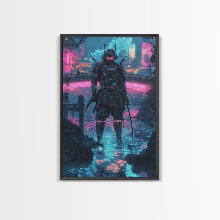 Neon Cyberpunk Samurai In Rain Wall Art, Futuristic City Canvas Print, Japanese Warrior Gaming Room Decor Gift For Him Poster