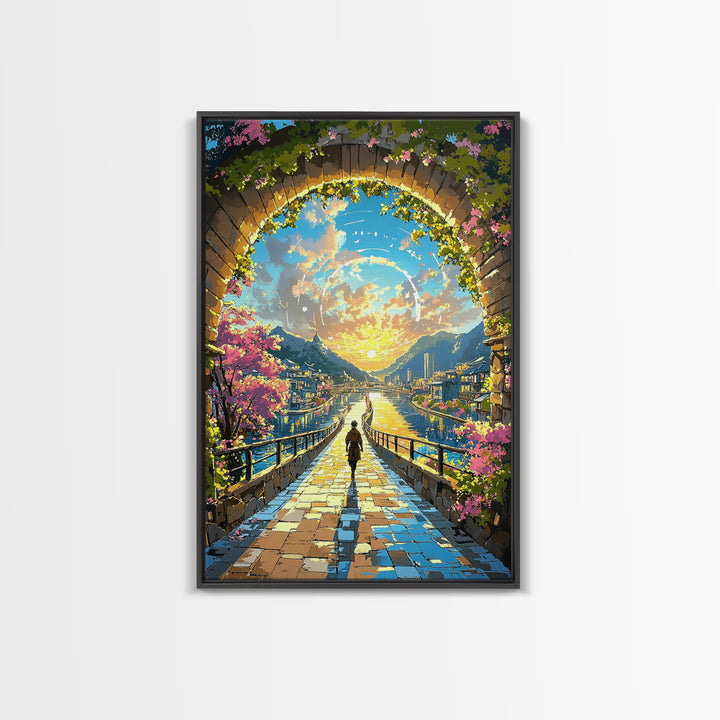 Sunlit Archway Over Canal Wall Art, Japanese Fantasy Canvas Print, Cherry Blossom Landscape Above Bed Decor Gift For Her