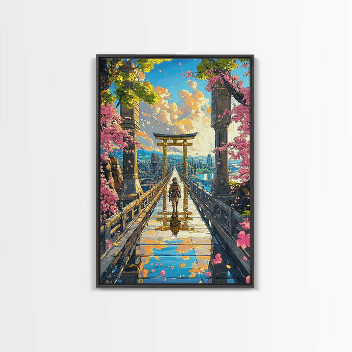 Samurai Crossing Torii Bridge Wall Art, Japanese Cherry Blossom Canvas Print, Scenic City Landscape Home Decor Gift For Her