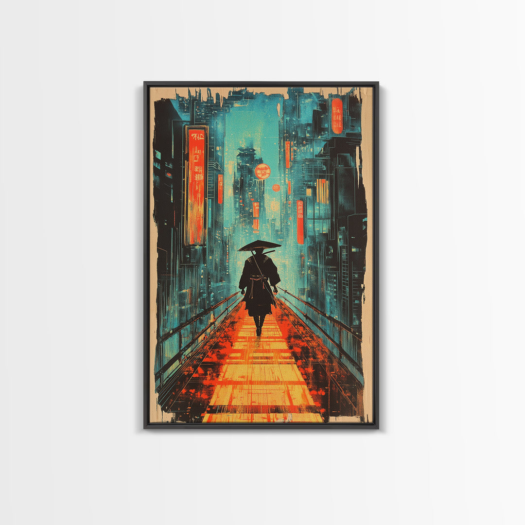 Lone Samurai With Umbrella Wall Art, Neon Cyberpunk City Canvas Print, Japanese Rainy Night Poster Home Office Decor Gift