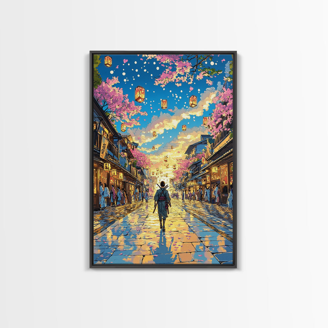 Samurai Lantern Festival Street Wall Art, Japanese Cherry Blossom Canvas Print, Colorful Anime Inspired Home Decor Gift Print