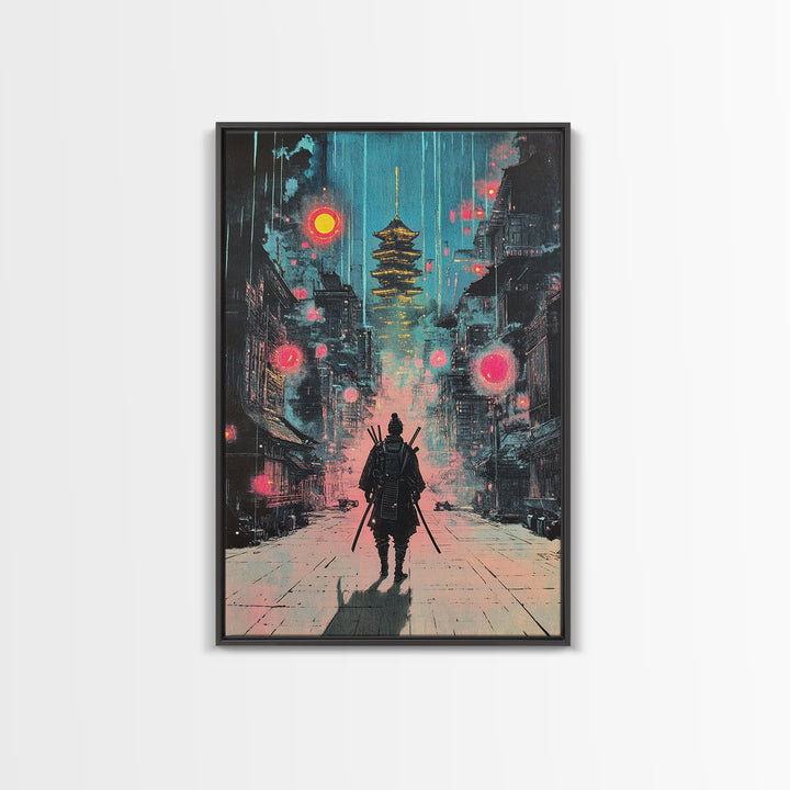 Moody Rain Samurai And Pagoda Wall Art, Japanese Cyberpunk Canvas Print, Dark Neon Cityscape Office Decor Gift For Him Poster