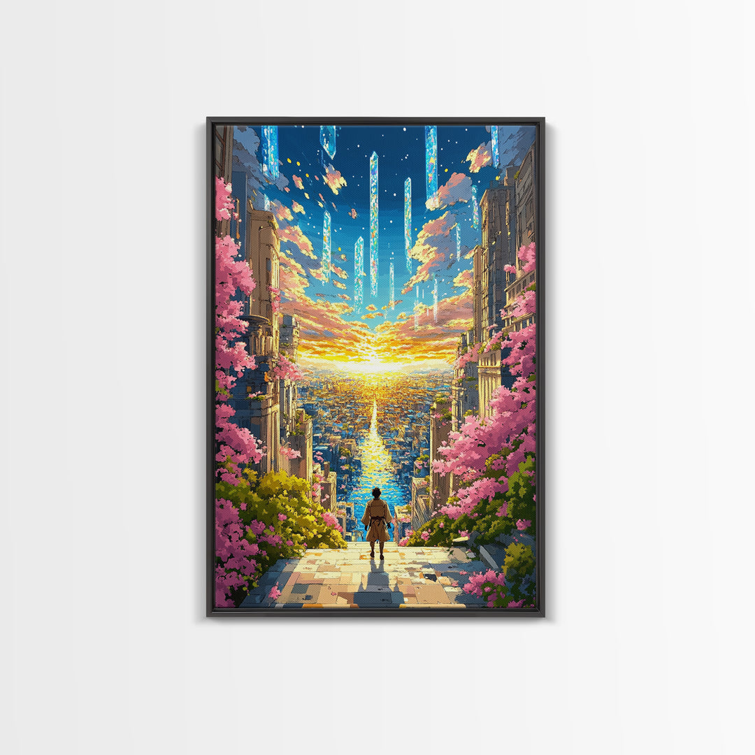 Futuristic City Sunset Vista Wall Art, Cherry Blossom Sci Fi Canvas Print, Vibrant Anime Landscape Living Room Decor Gift