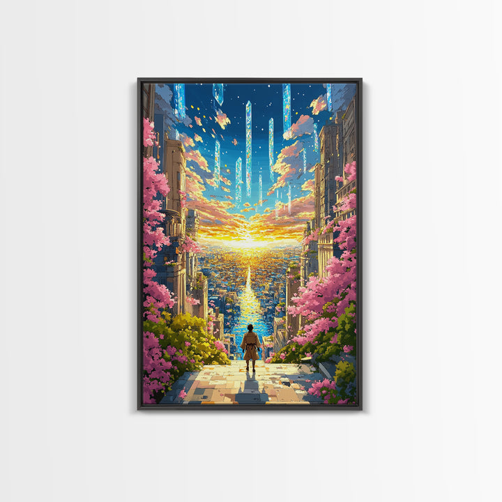 Futuristic City Sunset Vista Wall Art, Cherry Blossom Sci Fi Canvas Print, Vibrant Anime Landscape Living Room Decor Gift