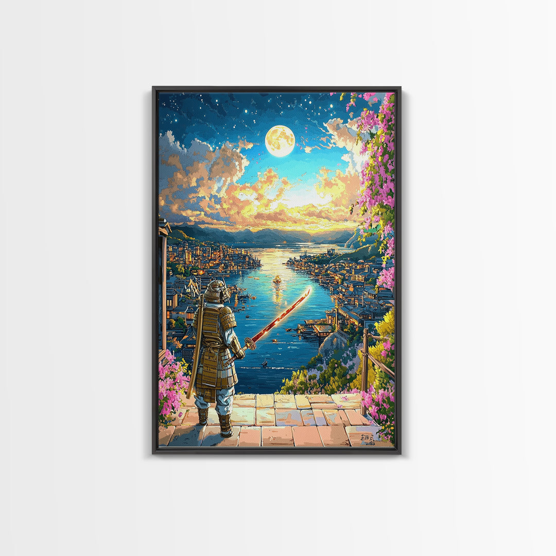 Moonlit Samurai Over Coastal Harbor Wall Art, Japanese Fantasy Landscape, Cherry Blossom Decor, Samurai Canvas, Gift For Him