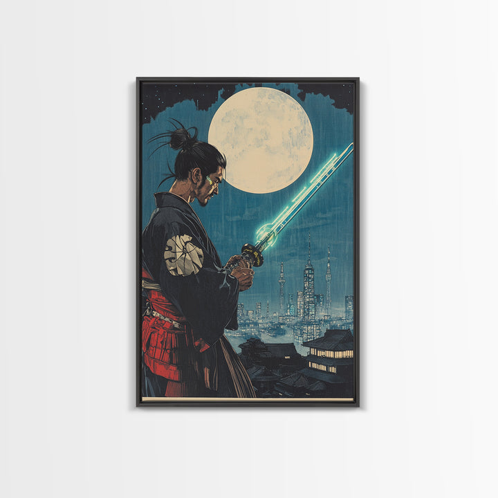 Cyber Samurai Under Full Moon Wall Art, Japanese Warrior Print, Sci Fi Cityscape, Neon Sword Decor, Masculine Office Art