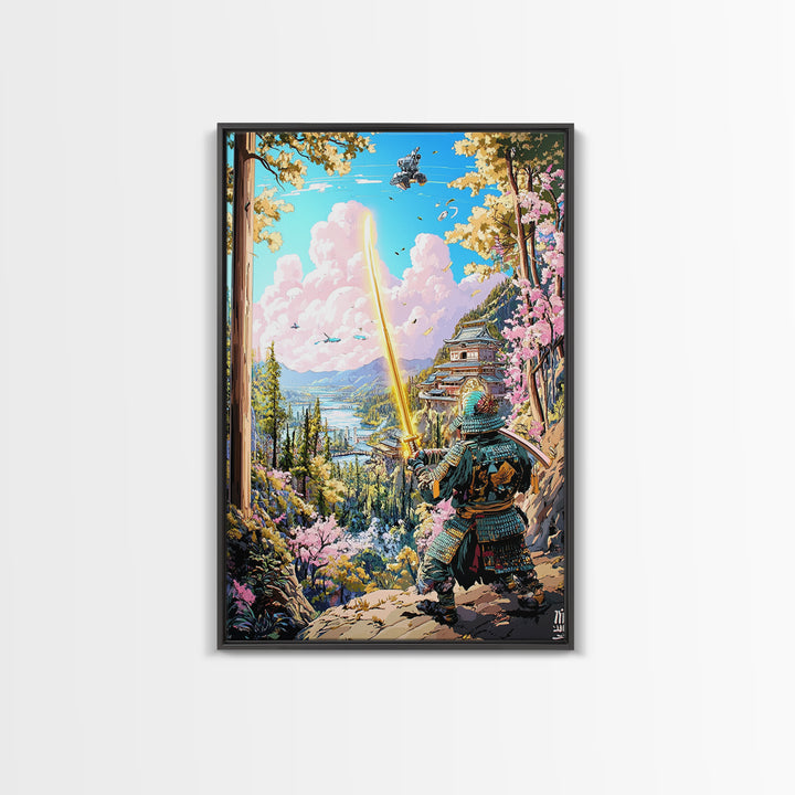 Samurai With Golden Sword Above Mountain Castle Wall Art, Japanese Landscape Print, Cherry Blossom Decor, Fantasy Wall Decor