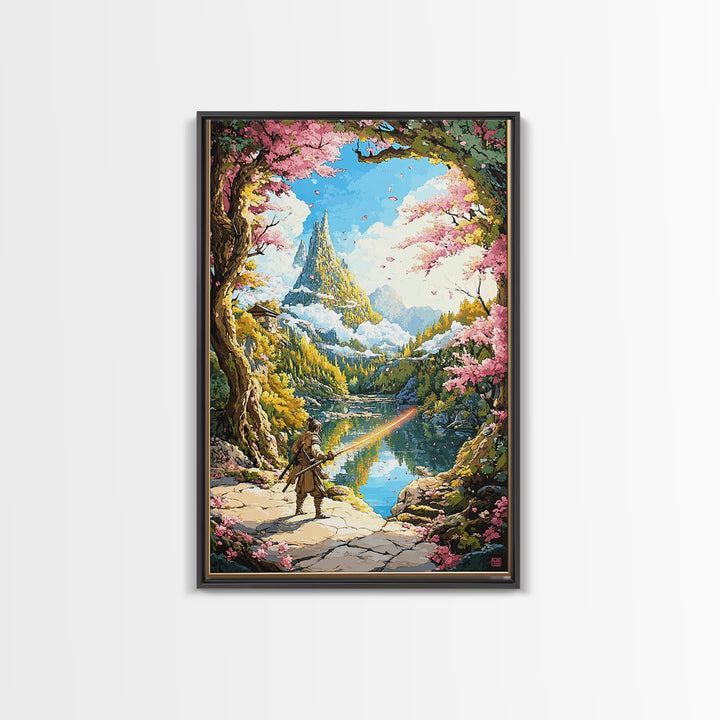 Wandering Samurai By Lake And Mountain Castle Wall Art, Japanese Fantasy Landscape, Cherry Blossom Print, Scenic Home Decor