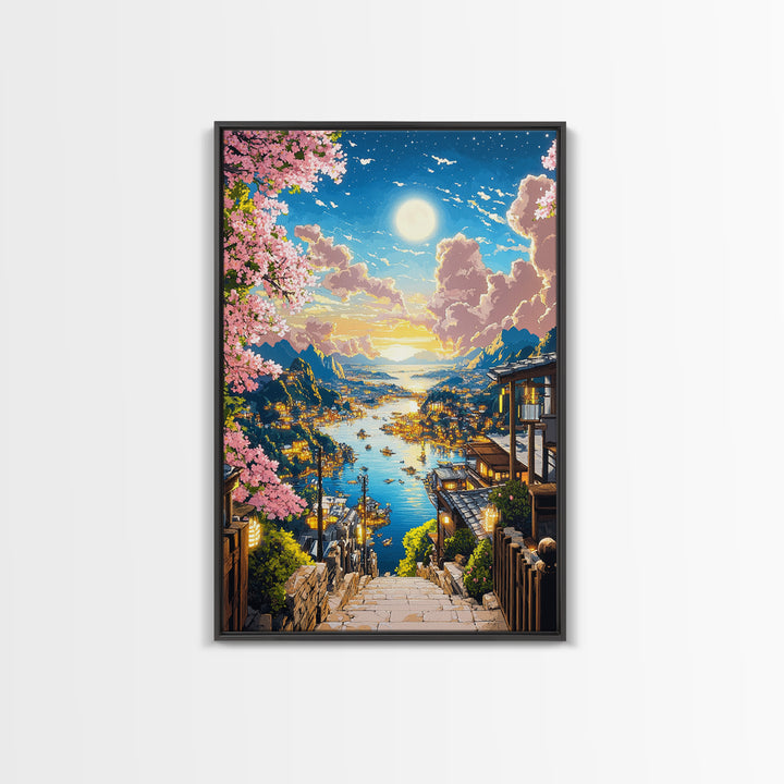 Moonlit Harbor Steps With Cherry Blossoms Wall Art, Japanese Coastal Landscape, Fantasy Seascape Print, Living Room Decor