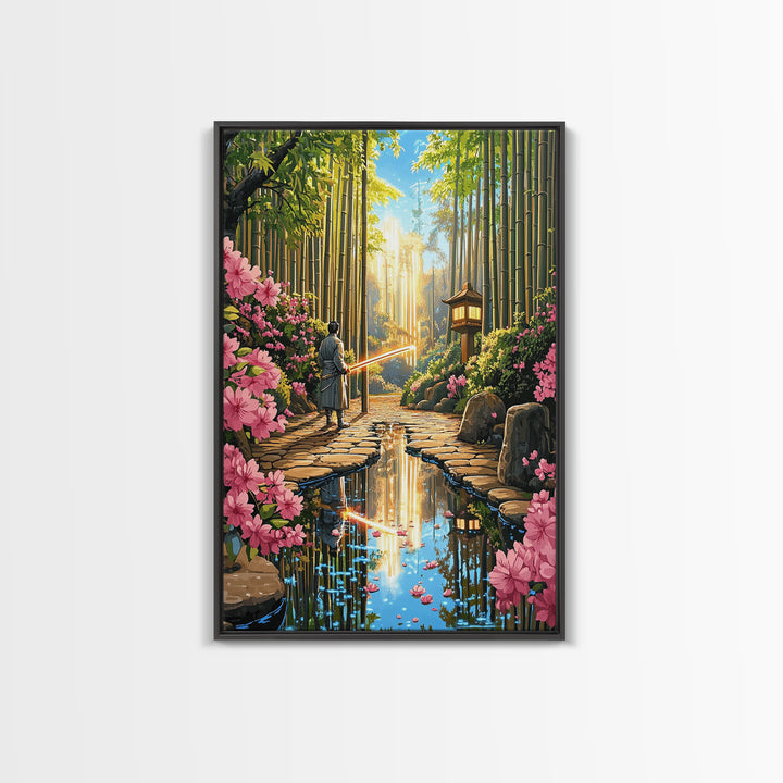 Samurai In Bamboo Garden With Cherry Blossoms Wall Art, Japanese Fantasy Canvas, Zen Landscape, Living Room Decor, Home Decor Gift