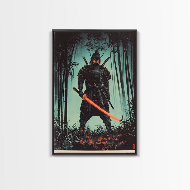 Dark Samurai In Bamboo Forest Framed Canvas Print, Japanese Warrior Wall Decor, Cyberpunk Fantasy Art, Gift For Him, Moody Office Decor