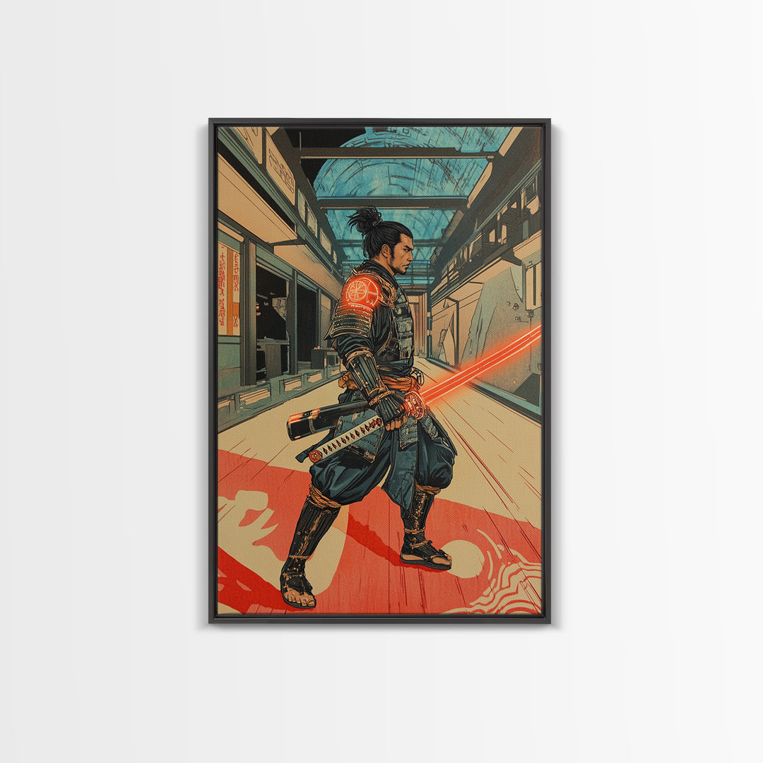 Futuristic Samurai In Subway Station Canvas Print, Japanese Cyberpunk Warrior, Sci Fi Wall Art, Gaming Room Decor Gift Idea