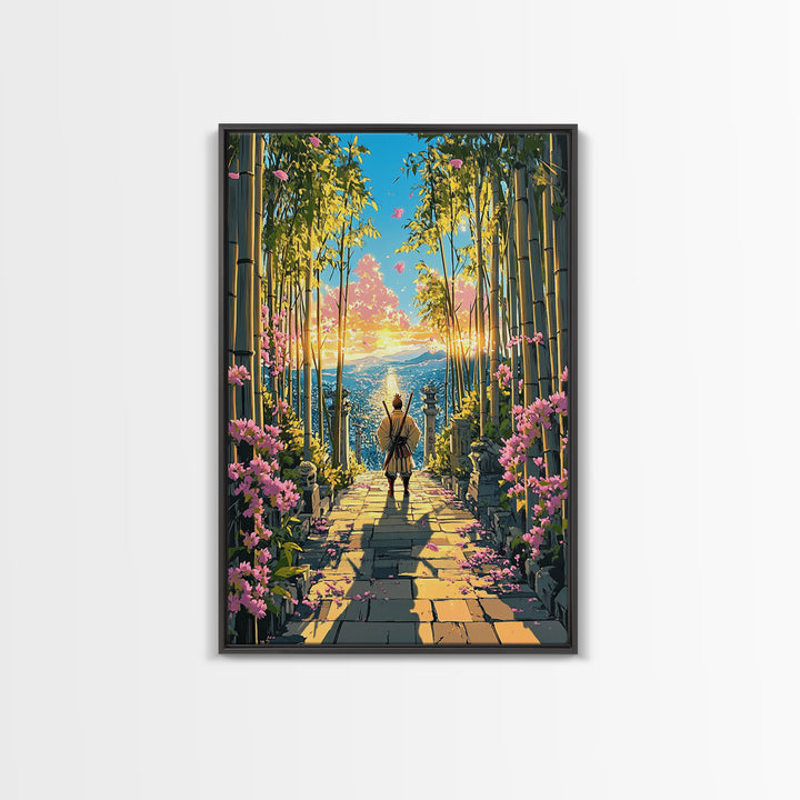 Lone Samurai On Bamboo Path At Sunrise Wall Art, Japanese Landscape Canvas, Cherry Blossom Decor, Zen Living Room Art, Housewarming Gift
