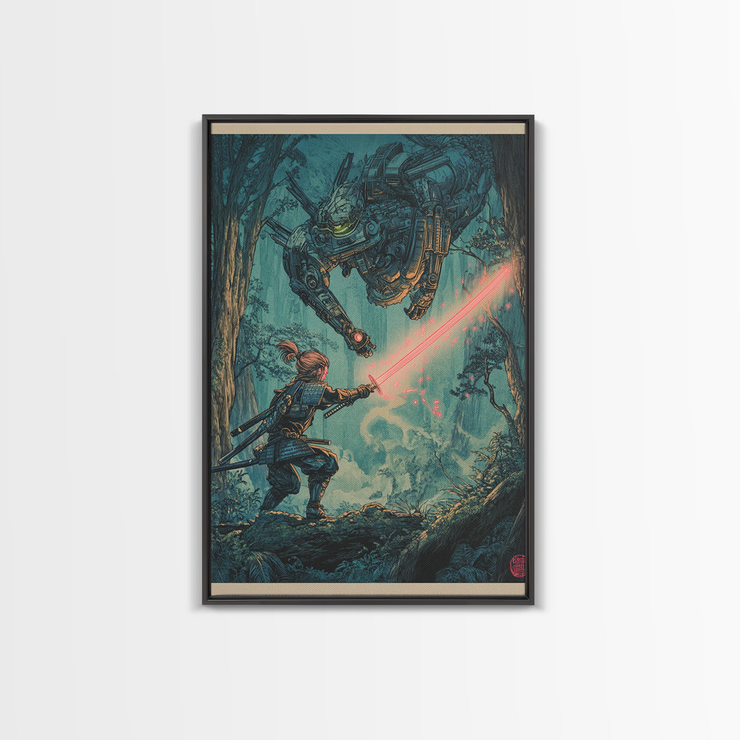 Samurai Battling Giant Mech In Forest Framed Canvas Print, Sci Fi Fantasy Wall Art, Cyberpunk Gamer Room Decor Gift For Him