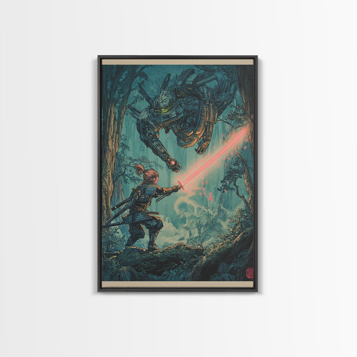 Samurai Battling Giant Mech In Forest Framed Canvas Print, Sci Fi Fantasy Wall Art, Cyberpunk Gamer Room Decor Gift For Him