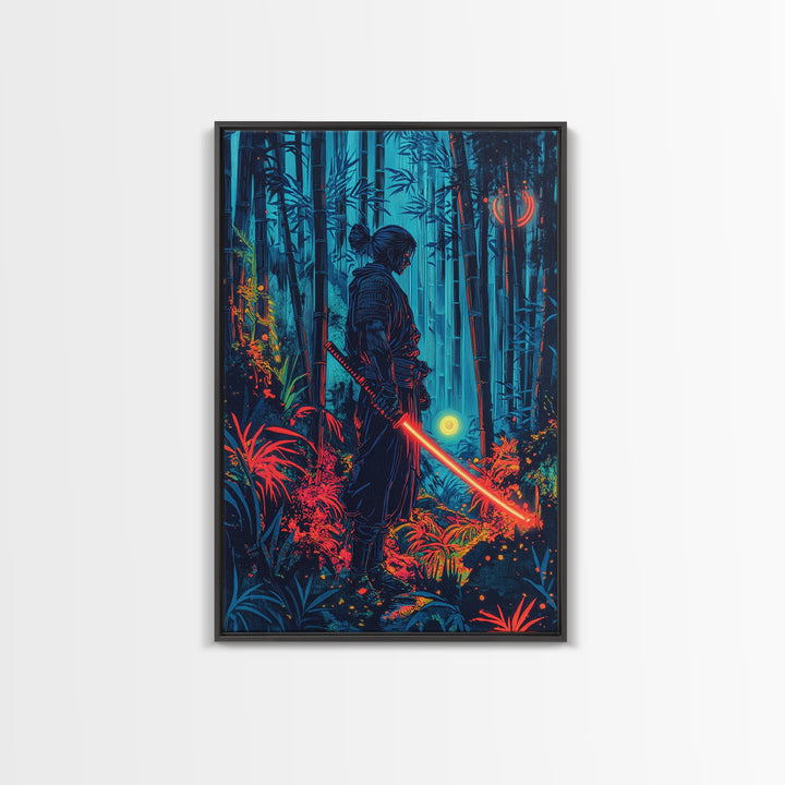 Neon Samurai In Blue Bamboo Forest Canvas Print, Cyberpunk Japanese Wall Art, Dark Fantasy Decor, Gaming Room Gift For Him