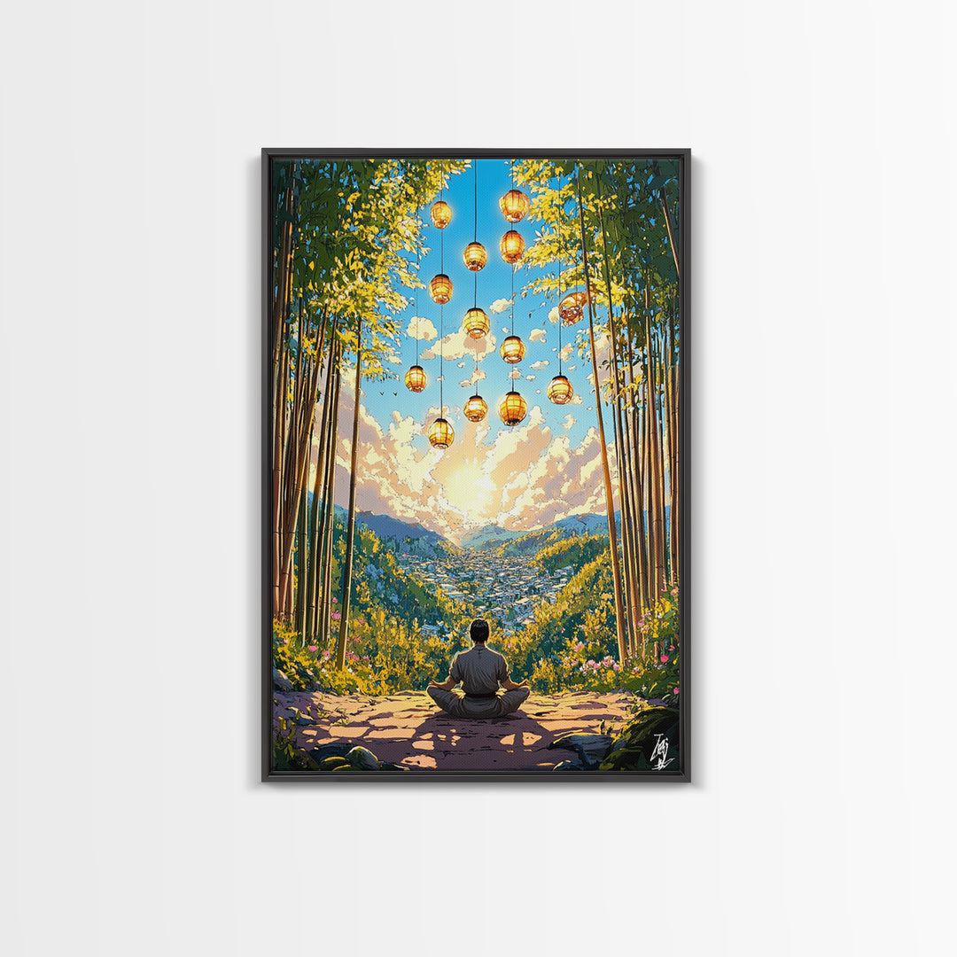 Meditating Figure In Bamboo Valley With Lanterns Wall Art, Zen Landscape Canvas, Japandi Decor, Calm Meditation Room Art